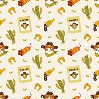 Vector seamless pattern with symbols of the Wild West cute sheriff, cowboy, bandit, cat. Children's repetition with Western symbols. Highly detailed baby texture for fabric and wrapping paper