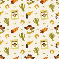 Vector seamless pattern with symbols of the Wild West cute sheriff, cowboy, bandit, cat. Children's repetition with Western symbols. Highly detailed baby texture for fabric and wrapping paper