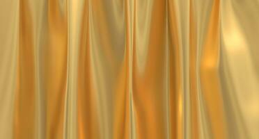 3D render folds of golden silk in full screen. Golden fabric background. Luxury gold cloth background. Close up of rippled silk fabric. 3D rendering photo