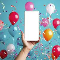 hand holding a smartphone with flashing confetti and inflatable balloons on background, in the style of colorful textures, playful streamlined forms, festive atmosphere. AI Generative photo