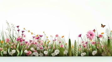 Spring grass and flowers border, Easter greeting card decoration element. AI Generative photo