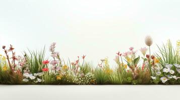 Spring flowers and grass border, greeting card decoration element, realistic illustration isolated on white background. AI Generative photo