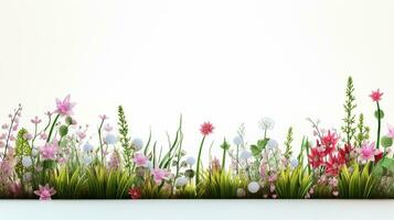 Spring red, blue and pink flowers, chamomiles, and grass border, greeting card decoration element. AI Generative photo