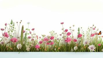 Spring grass, pink and white flowers border, greeting card decoration element. AI Generative photo