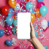 hand holding a white screen smartphone with flashing confetti and festive balloons on background, in the style of colorful textures, playful streamlined forms, festive atmosphere. AI Generative photo