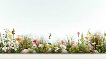 Spring flowers, chamomiles, and grass border, greeting card decoration element. AI Generative photo