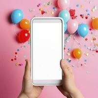 hand holding a smartphone with flashing confetti on background, in the style of colorful textures, playful streamlined forms, festive atmosphere. AI Generative photo