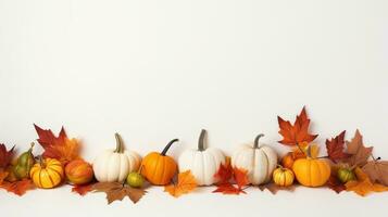 Thanksgiving-themed illustration of white and orange pumpkins with fall leaves. AI Generative photo