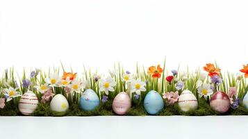 Spring grass. eggs, chamomiles and flower border, Easter greeting card decoration element. AI Generative photo