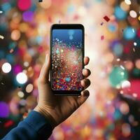 male hand holding a smartphone with flashing confetti on background, in the style of colorful textures. AI Generative photo