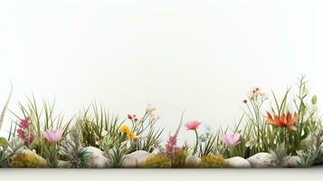 Spring grass and flowers border, greeting card decoration element. AI Generative photo