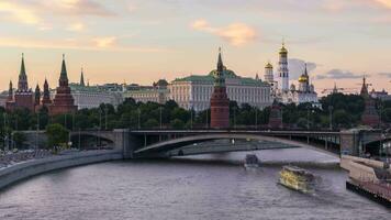 Moscow Kremlin and Moscow River with ships. Russia. Day to night time lapse in the summer evening. video