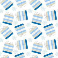 Pattern with gifts in boxes on white background for Christmas holidays, blue and beige colors. vector