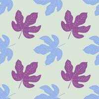 Figs seamless pattern with hand drawn leaves, blue and purple colors. vector
