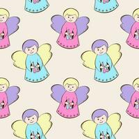 Cute Angel pattern for Christmas and Valentines Day, blue and pink color drawing of child holding bell and pipe. vector