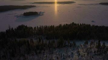 congelé kandalaksha baie et arbre îles sur hiver ensoleillé journée. aérien voir. Mourmansk région, Russie. drone mouches avant, inclinaison en haut. révéler coup video