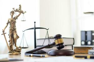 judge's gavel in law office is placed on table to symbolize judge deciding lawsuit. gavel wood on wooden table of lawyers in legal advice office as symbol of fair judgment in cases. photo