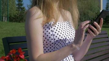 Jeune caucasien femme dans blanc robe dans pois est séance sur une banc et en utilisant téléphone intelligent dans ensoleillé journée dans Urbain parc. caméra est panoramique de rouge fleurs à femme affronter. lent mouvement. video