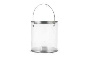 Transparent empty plastic bucket with metallic handle isolated on white background photo