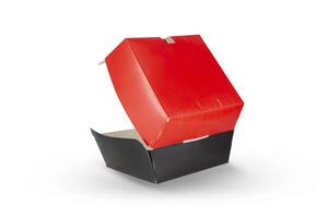 Blank open red and black craft burger box isolated on white background photo