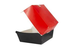 Blank open red and black craft burger box isolated on white background photo