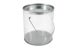 Transparent empty plastic bucket with metallic handle isolated on white background photo