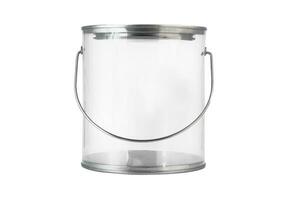 Transparent empty plastic bucket with metallic handle isolated on white background photo