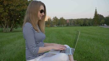 jong Kaukasisch bedrijf vrouw in zonnebril en rood mantel is typen Aan laptop zittend Aan bank in stedelijk park. rood bloemen Aan voorgrond. langzaam beweging. steadicam schot. video