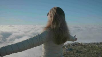 femme avec élevé mains dans des lunettes de soleil est permanent au dessus le des nuages video