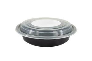 Black plastic food containers with transparent lid and white cardboard label photo