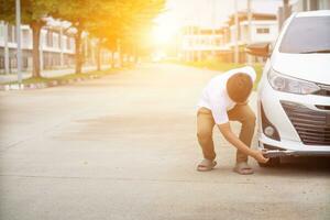 sedan had an accident and damaged front bumper and  owner of car had purchased car accident insurance and  car was still under insurance period. Concept of buying car accident insurance photo