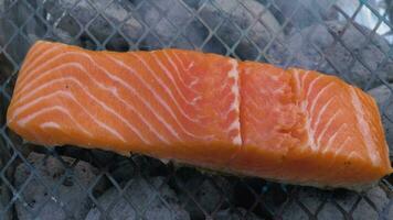 Red Raw Fillet of Salmon or Trout Fish is Baking on Grill with Smoke. Slow Motion video