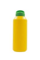 yellow squeeze plastic bottle for mustard isolated on white background photo