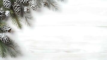 Christmas background with xmas tree and fir cones on white background. Space for text. Generative AI photo