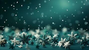 Christmas green background with snowflakes and place for text. Generative AI photo