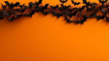 Halloween concept. Bats on orange background. Halloween party greeting card with place for text. Generative AI photo