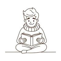 Cute little boy reading a book while sitting on the floor. Line icon. Vector illustration.