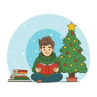 Boy reads book while sitting near Christmas tree and stack of books. Vector illustration.