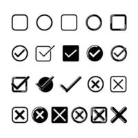 Check and cross marks icon set. Checkbox, examination mark, and checklist marks. Check signs sketch, voting checklist mark or examination task list. Vector illustration.