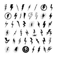 Lightning Bolt Flash Icon Set. Energy Power Charge Sign. Thunderstrike Electricity Symbol. Powerful Electrical Discharge Hitting From Side To Side. Thunderbolt Zigzag Arrow vector