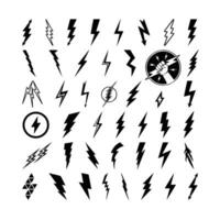 Lightning Bolt Flash Icon Set. Energy Power Charge Sign. Thunderstrike Electricity Symbol. Powerful Electrical Discharge Hitting From Side To Side. Thunderbolt Zigzag Arrow vector