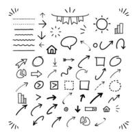 Hand Drawn Doodle Swash Black Line Set Includes Quote Bubbles, Circle, Square, Sun, Home, Arrow Sign, Star, and Sparkle Decoration Symbol Set Icon. Sketch Line Element. Vector Illustration