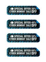 Cyber monday sale, long stickers set. Sale 35, 45, 55, 65 off discount vector