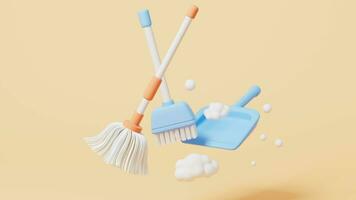 Cartoon mop and broom in the yellow background, 3d rendering. video