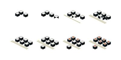 step-by-step instructions for assembling a sushi set from bricks. Vector