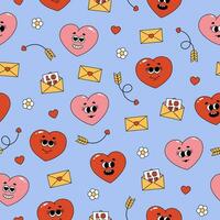 Seamless pattern of groovy hearts, flowers and envelopes. Cartoon characters and elements in trendy retro style on blue background vector