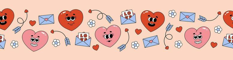 Seamless border of groovy hearts, flowers and envelopes. Cartoon characters and elements in trendy retro style on pink background vector