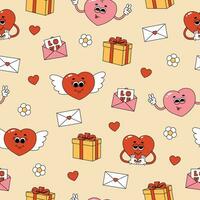 Seamless pattern of groovy hearts, flowers, envelopes and gift boxes. Cartoon characters and elements in trendy retro style on pink background vector