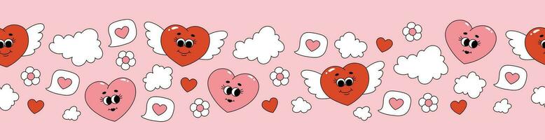 Seamless border of groovy hearts, flowers and clouds. Cartoon characters and elements in trendy retro style on pink background vector