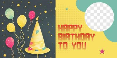 Happy birthday colorful vector banner background design with realistic balloons and birthday cap